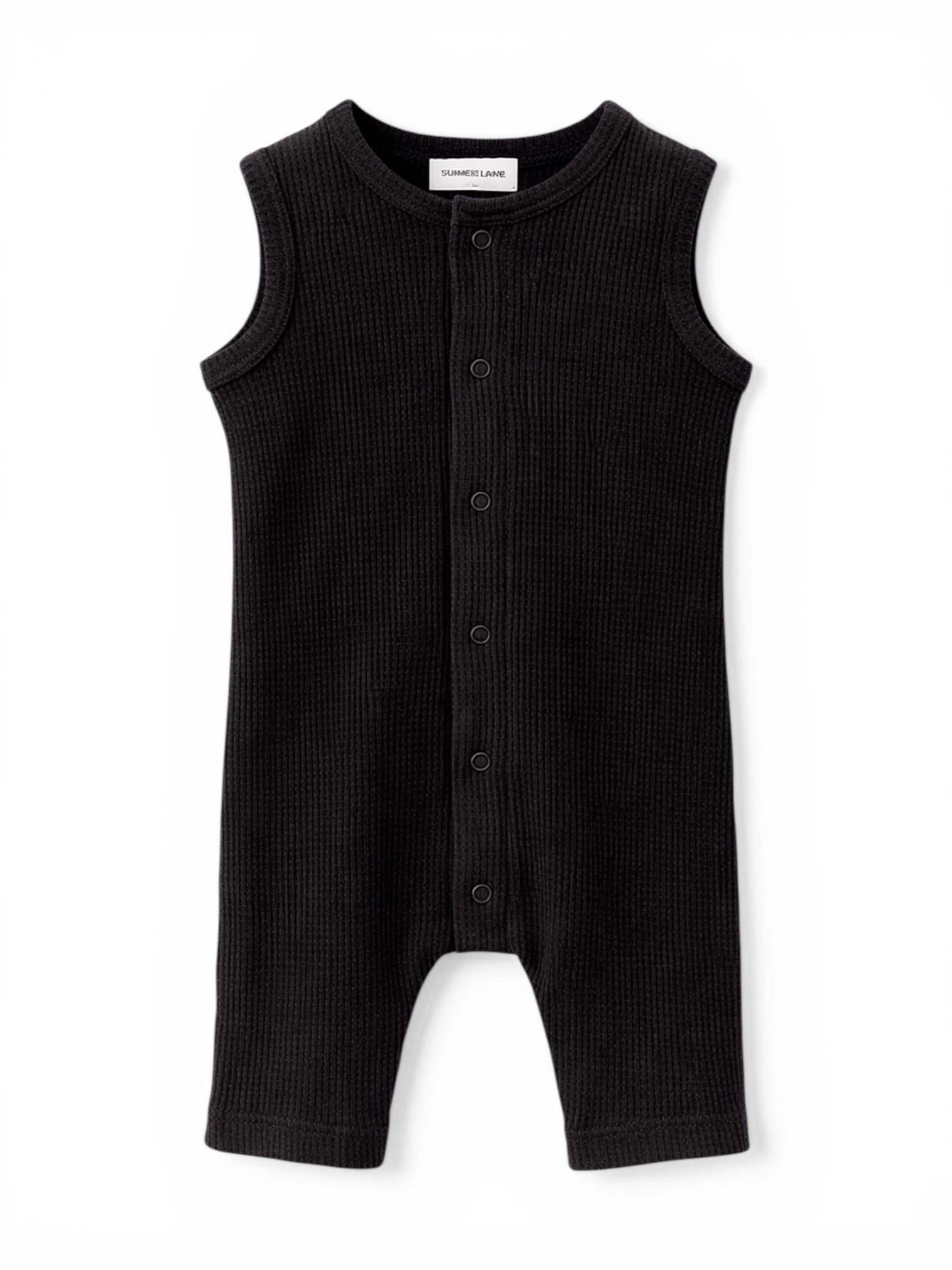 Black sleeveless ribbed romper with buttons, designed for infants and toddlers. Soft, comfortable fabric.