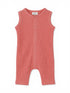 Coral sleeveless baby jumpsuit with front buttons and ribbed texture, ideal for warm weather outfits.
