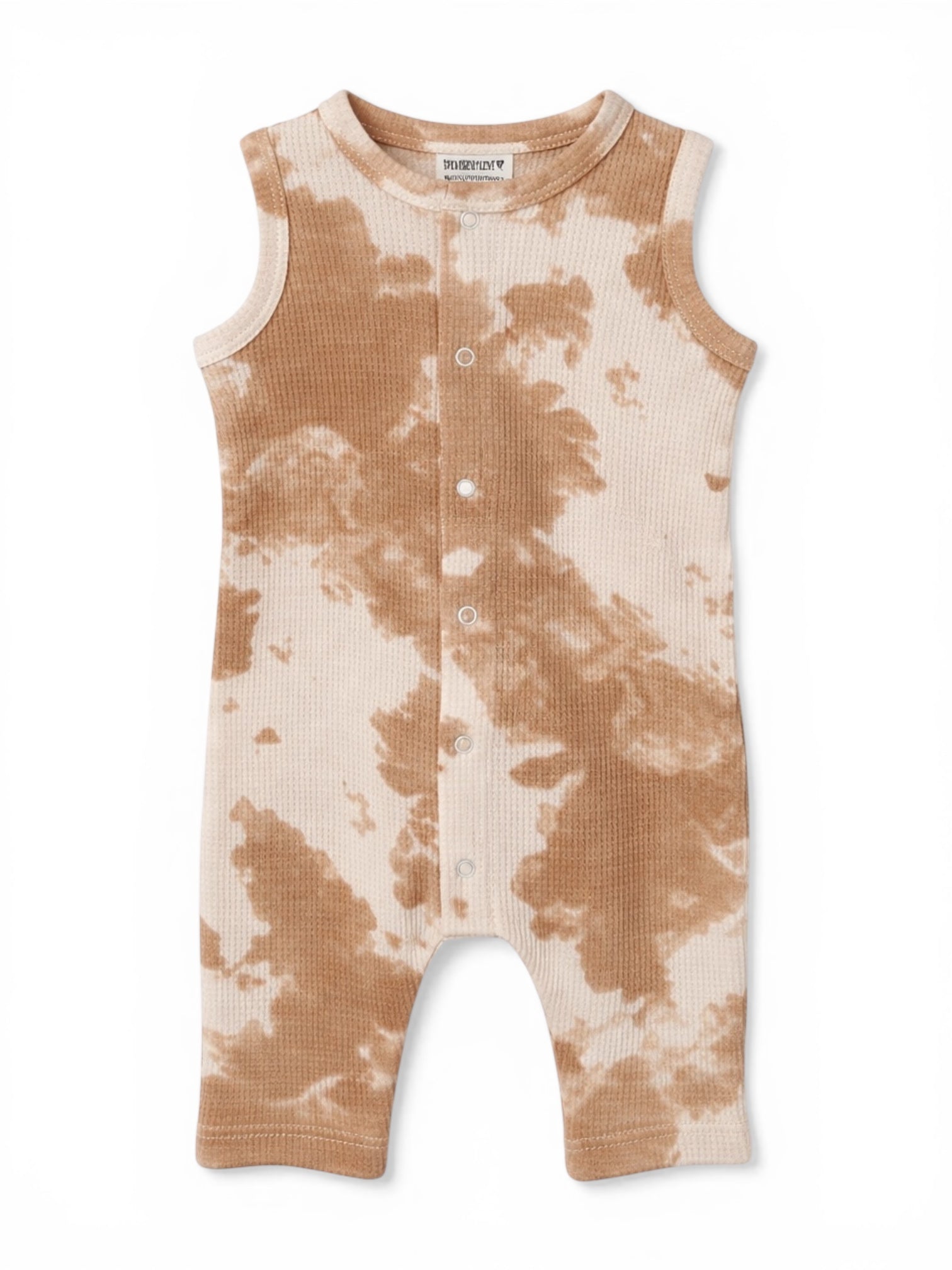 Tan tie-dye sleeveless romper with snap buttons, designed for infants. Soft, comfortable fabric.