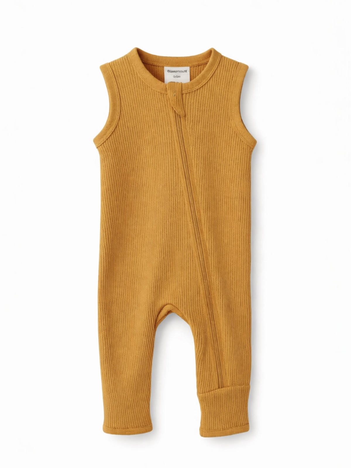 Mustard yellow ribbed baby romper with sleeveless design and front zipper. Ideal for warm weather wear.