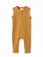 Mustard yellow ribbed baby romper with sleeveless design and front zipper. Ideal for warm weather wear.