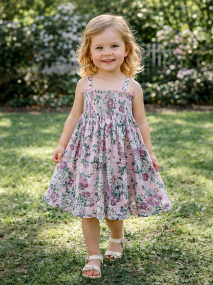 Smiling young girl in a floral dress standing on grass, surrounded by greenery and flowers.
