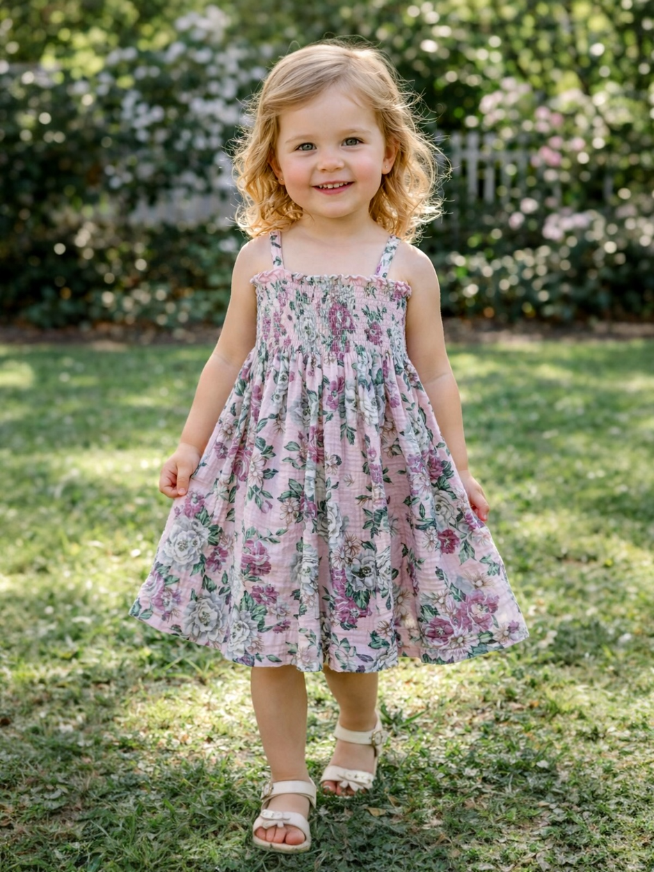 Smiling young girl in a floral dress standing on grass, surrounded by greenery and flowers.