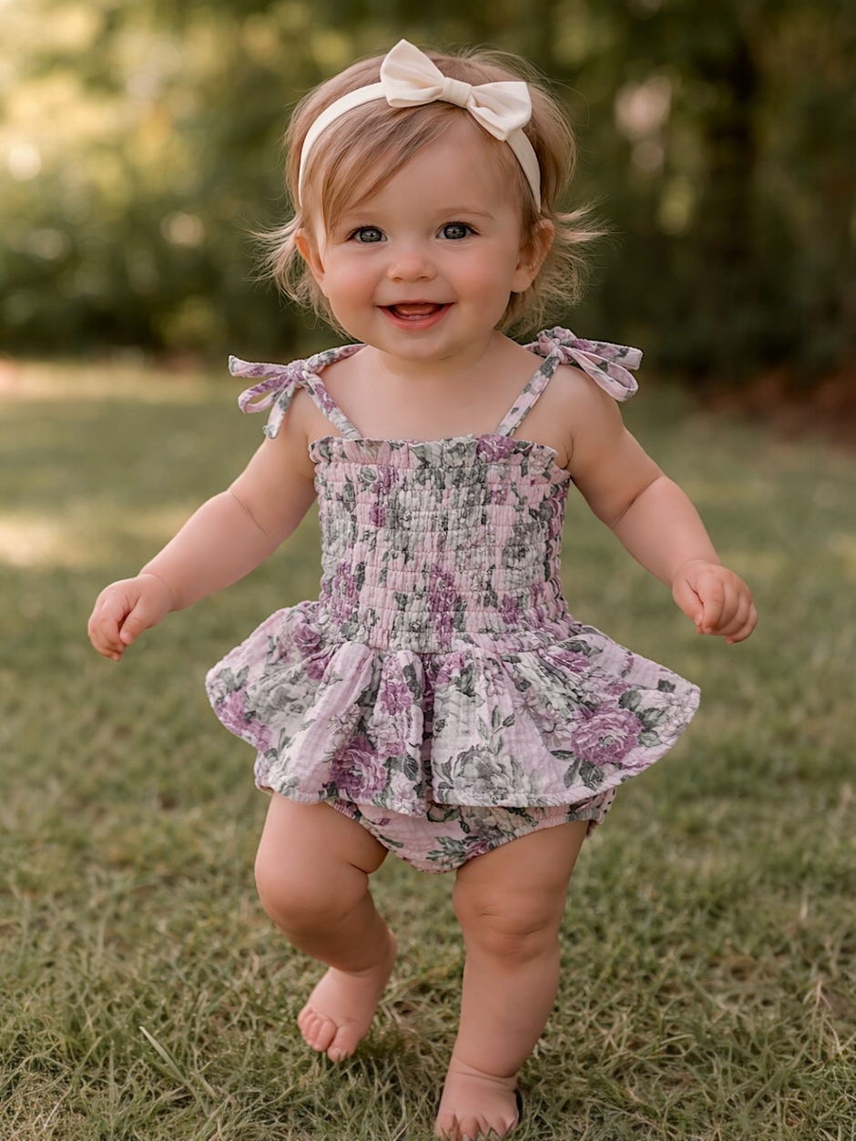 Smiling toddler in floral romper and headband, walking on grass in a sunlit outdoor setting.