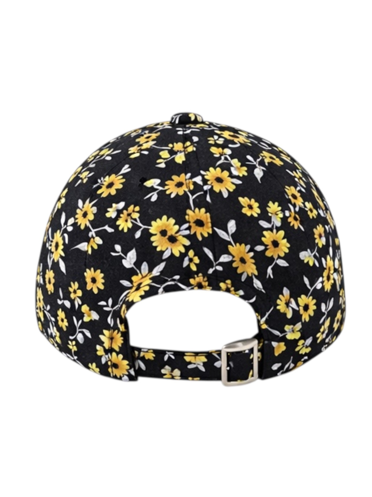Floral black cap featuring yellow flowers; view from the back showcasing the adjustable strap.