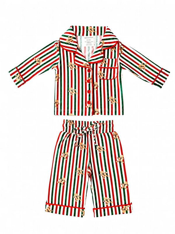 Children's holiday pajamas with red, green stripes and gingerbread man patterns, designed for infants.