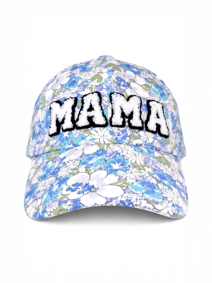 Floral baseball cap with "MAMA" embroidered in fluffy letters on the front.