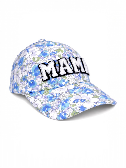 Floral baseball cap in blue and white, featuring the word "MAMA" prominently displayed on the front.