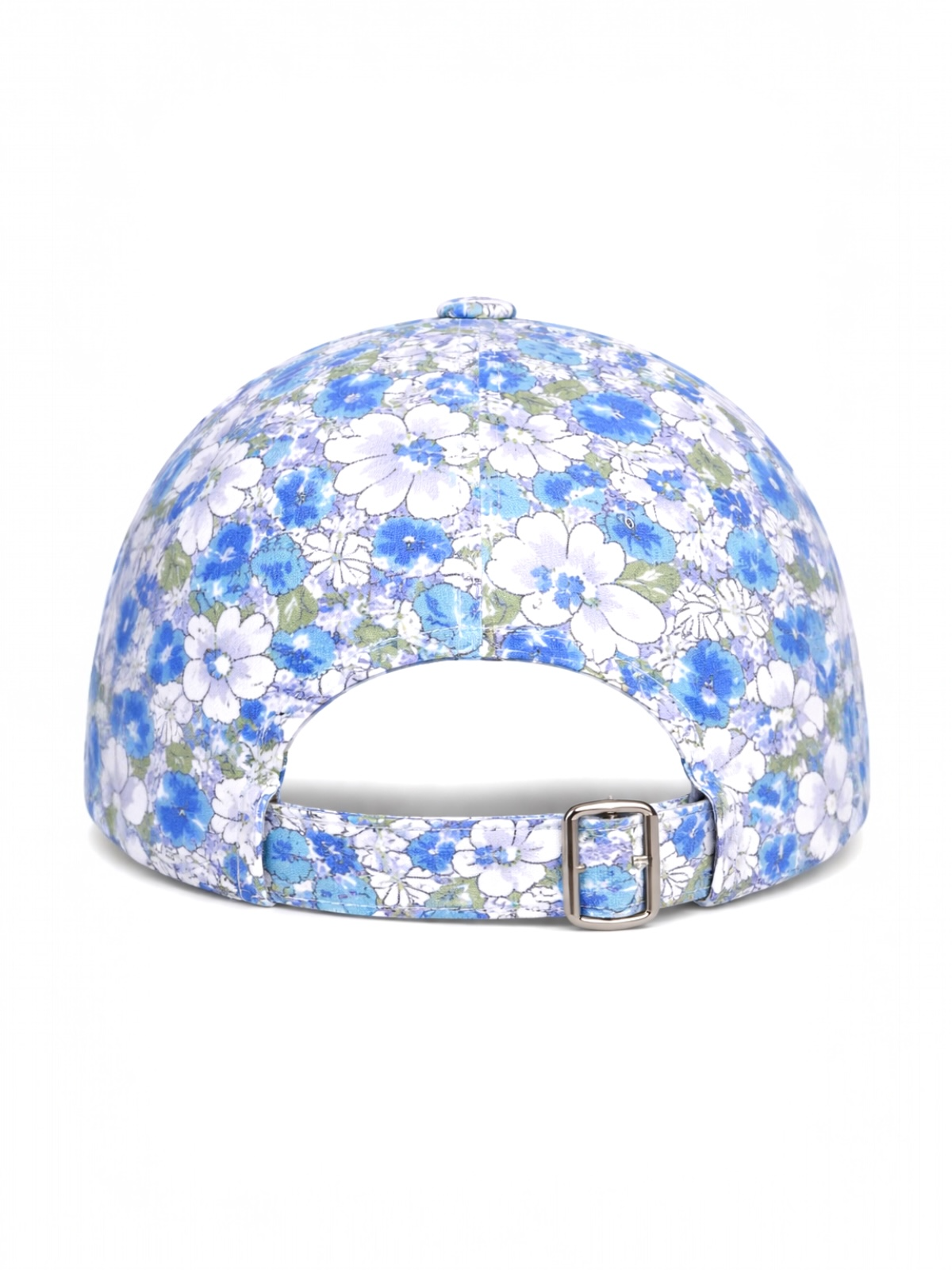 Floral-patterned baseball cap with blue and white flowers, featuring an adjustable strap at the back.