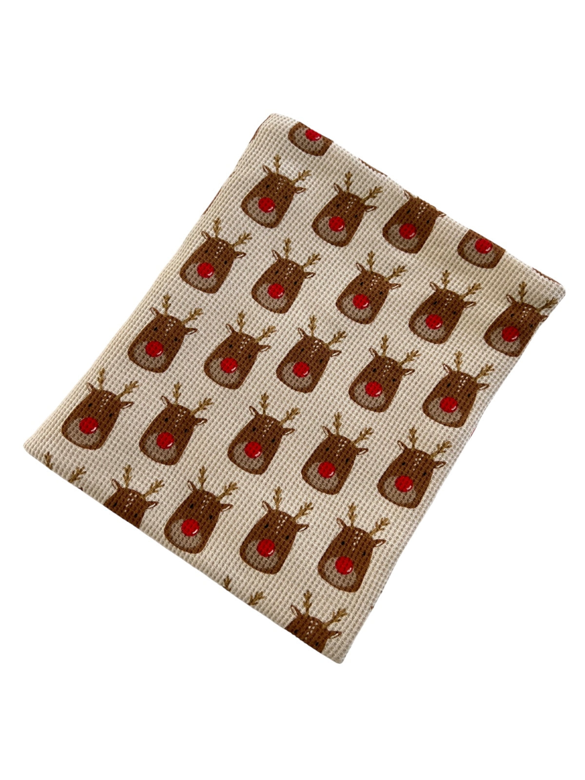 Patterned kitchen towel featuring multiple reindeer faces with red noses and antlers on a light background.