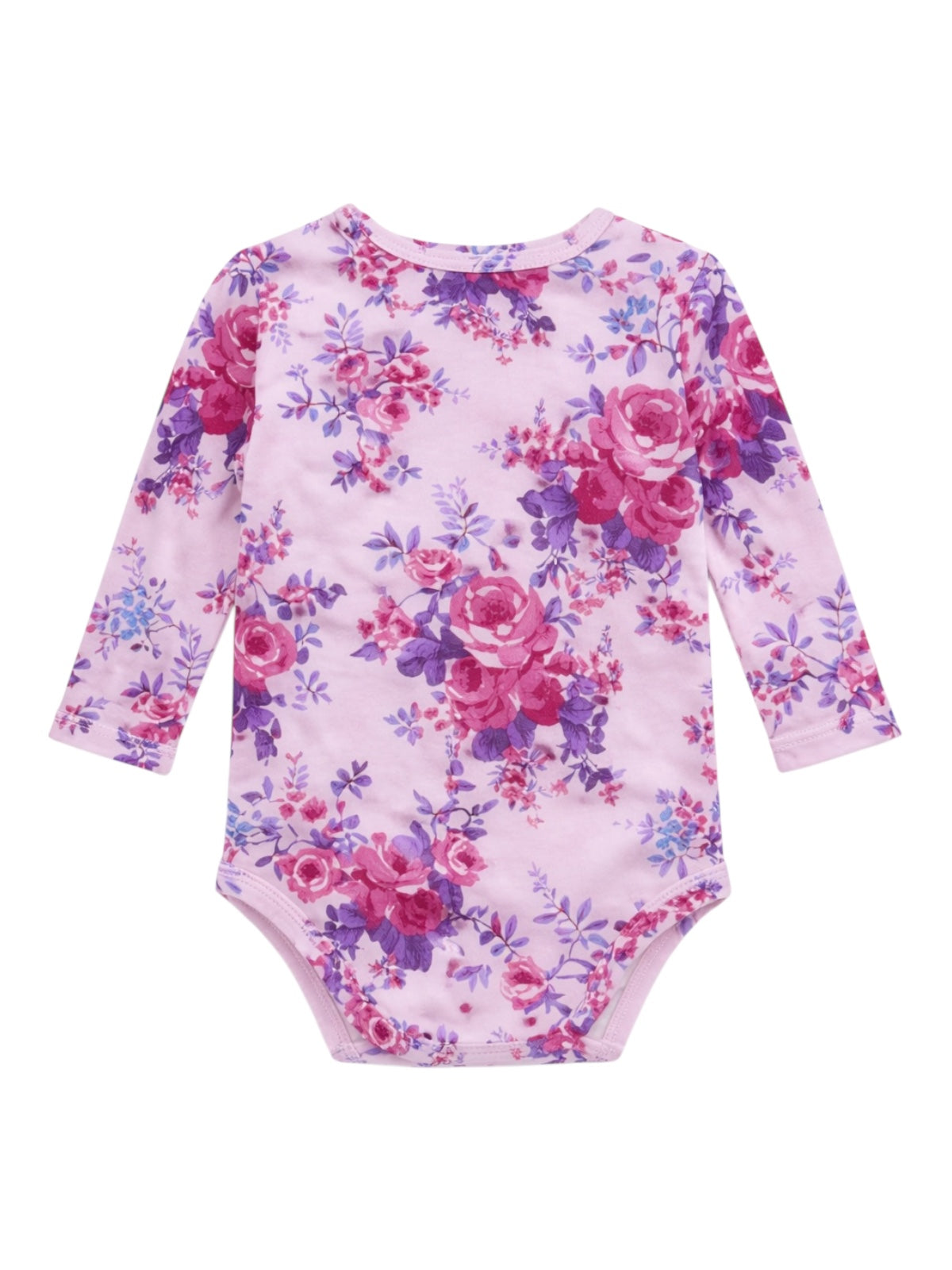 Long-sleeve baby onesie in pink with a floral pattern featuring roses in shades of purple and pink.