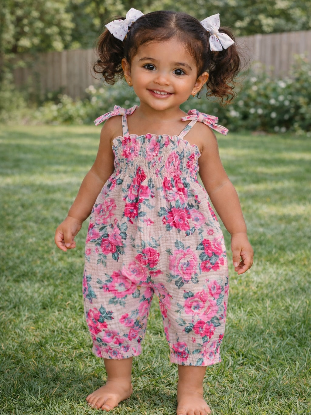 Smiling toddler wearing a floral romper stands on grass, showcasing playful innocence in a sunny outdoor setting.