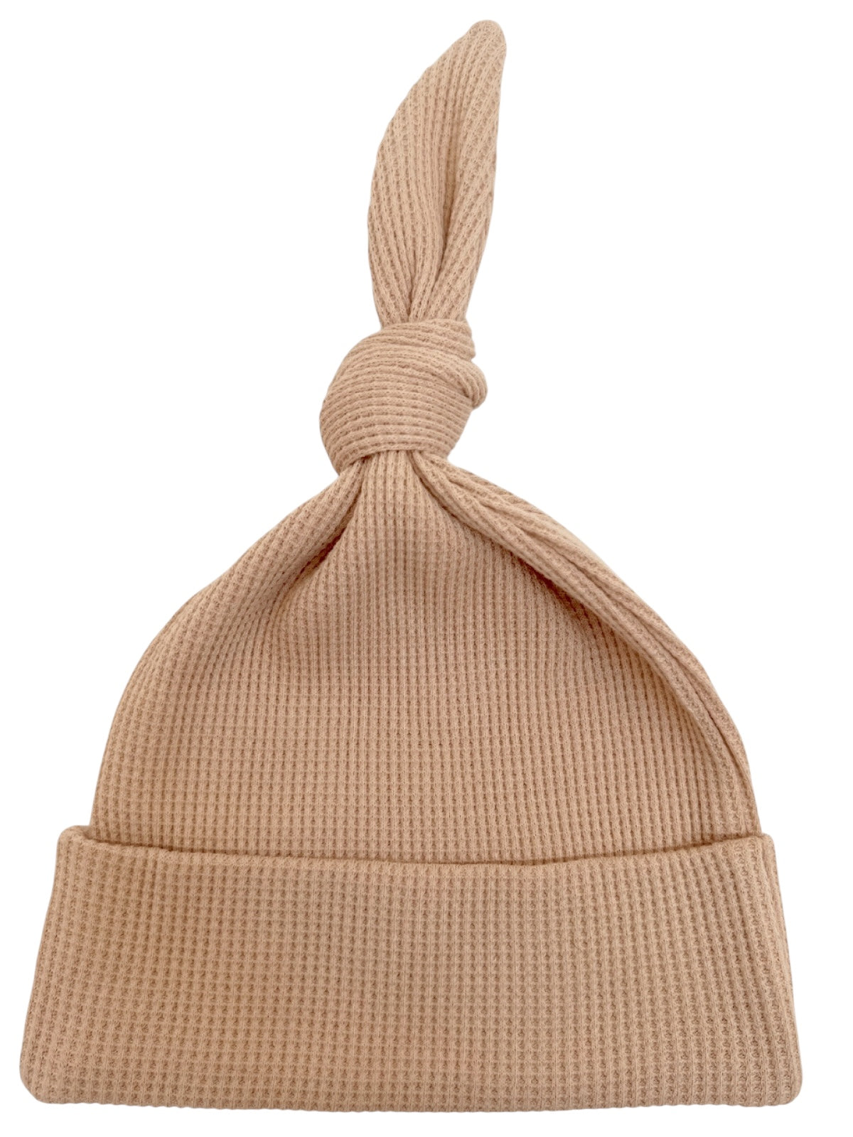 Beige ribbed knit hat with a tied top, ideal for casual and cozy styles.