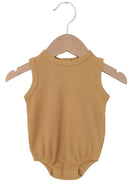 Mustard yellow sleeveless onesie hanging on a wooden hanger, with a ribbed texture and snap closures at the bottom.