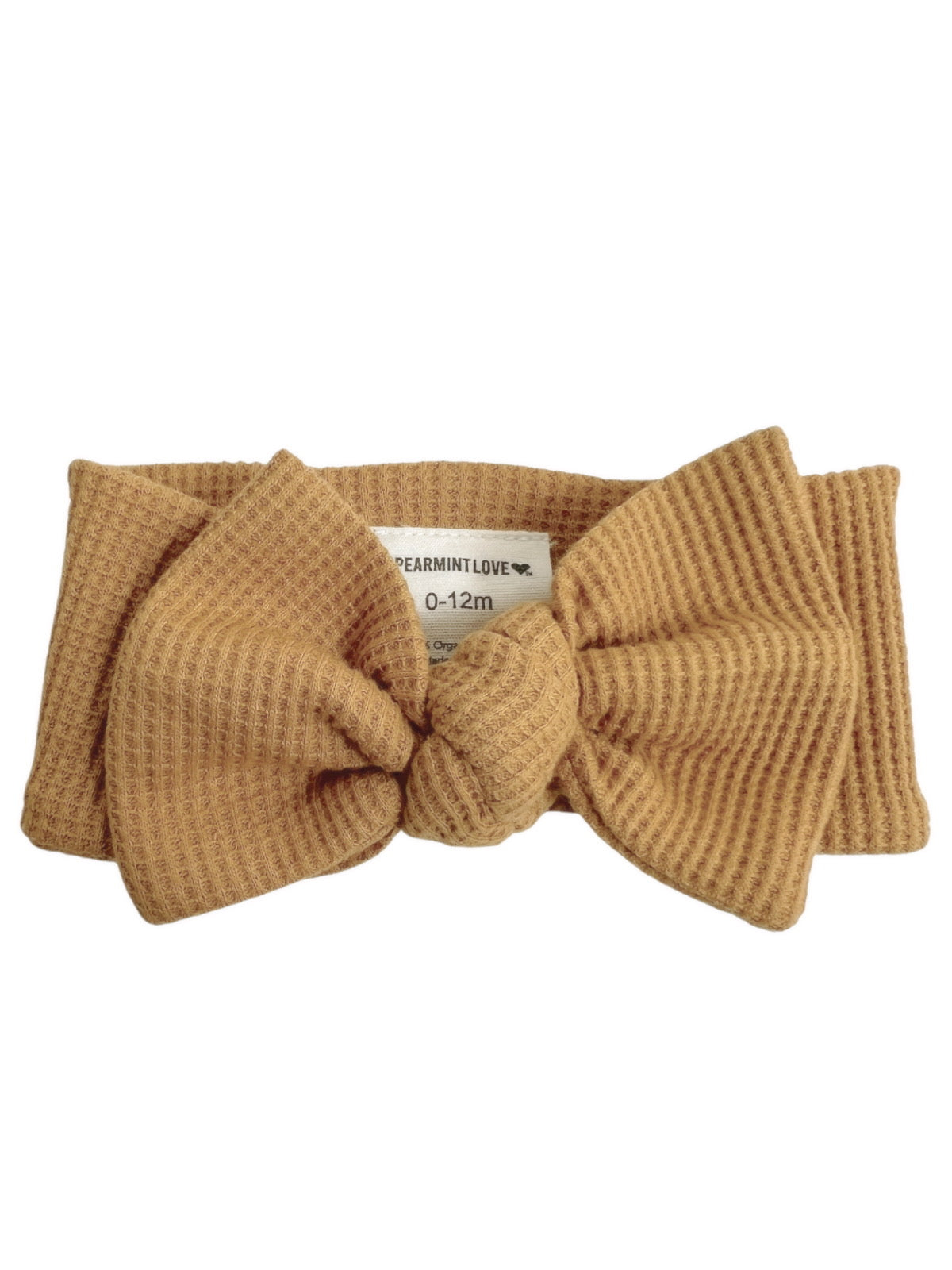 Tan baby headband with a knot, suitable for infants 0-12 months, by Spearmint Love.