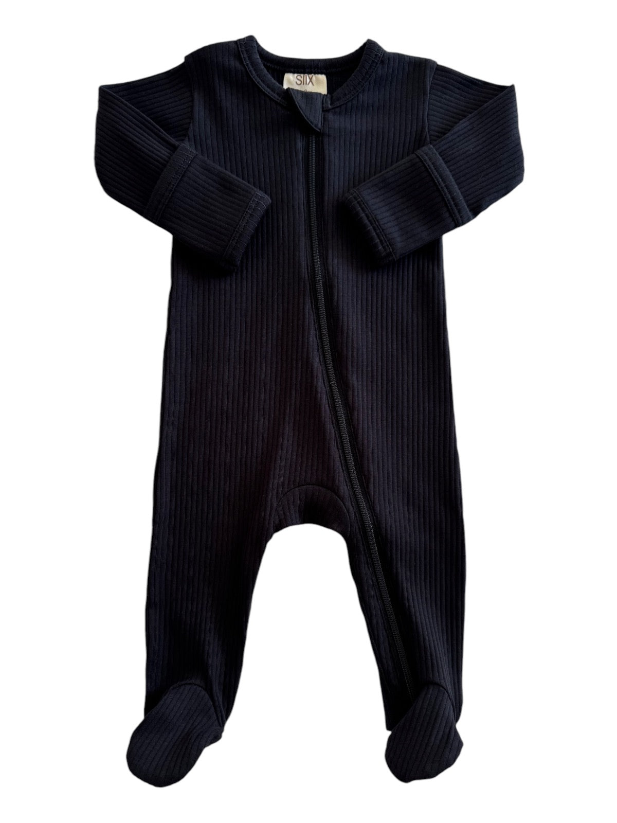 Navy ribbed baby onesie with full zip and footed design, perfect for comfort and warmth.