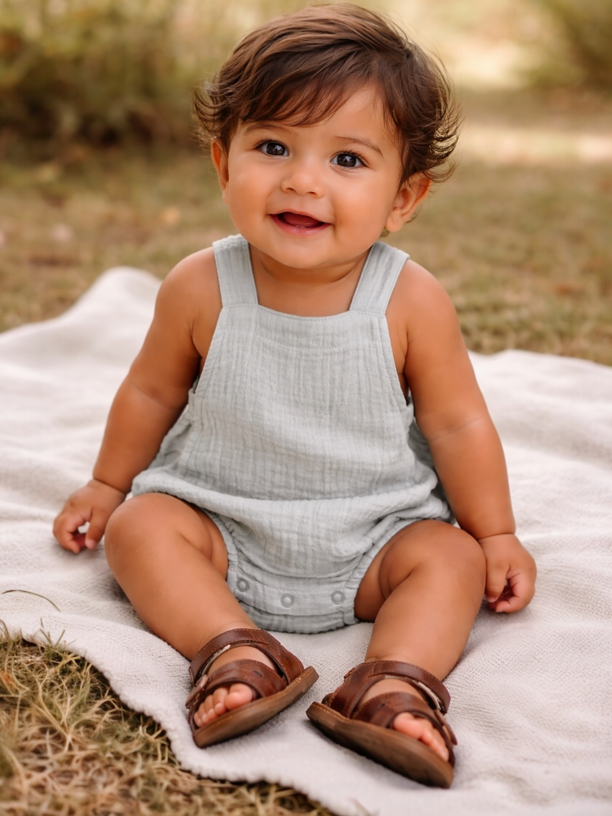 Smiling baby in a light outfit sitting on a blanket in a grassy area, wearing brown sandals.