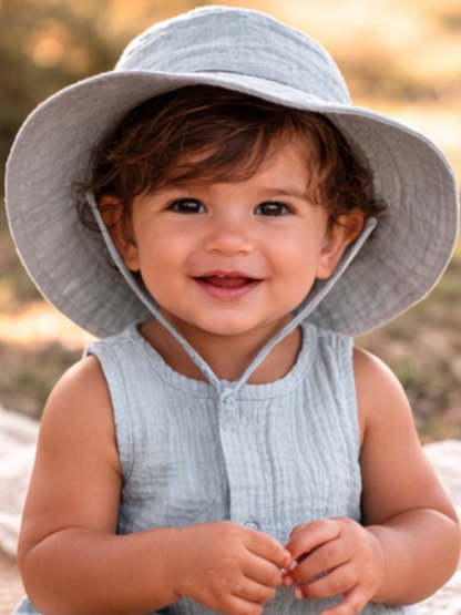 Smiling toddler wearing a wide-brimmed hat, holding something small, in a sunny outdoor setting.