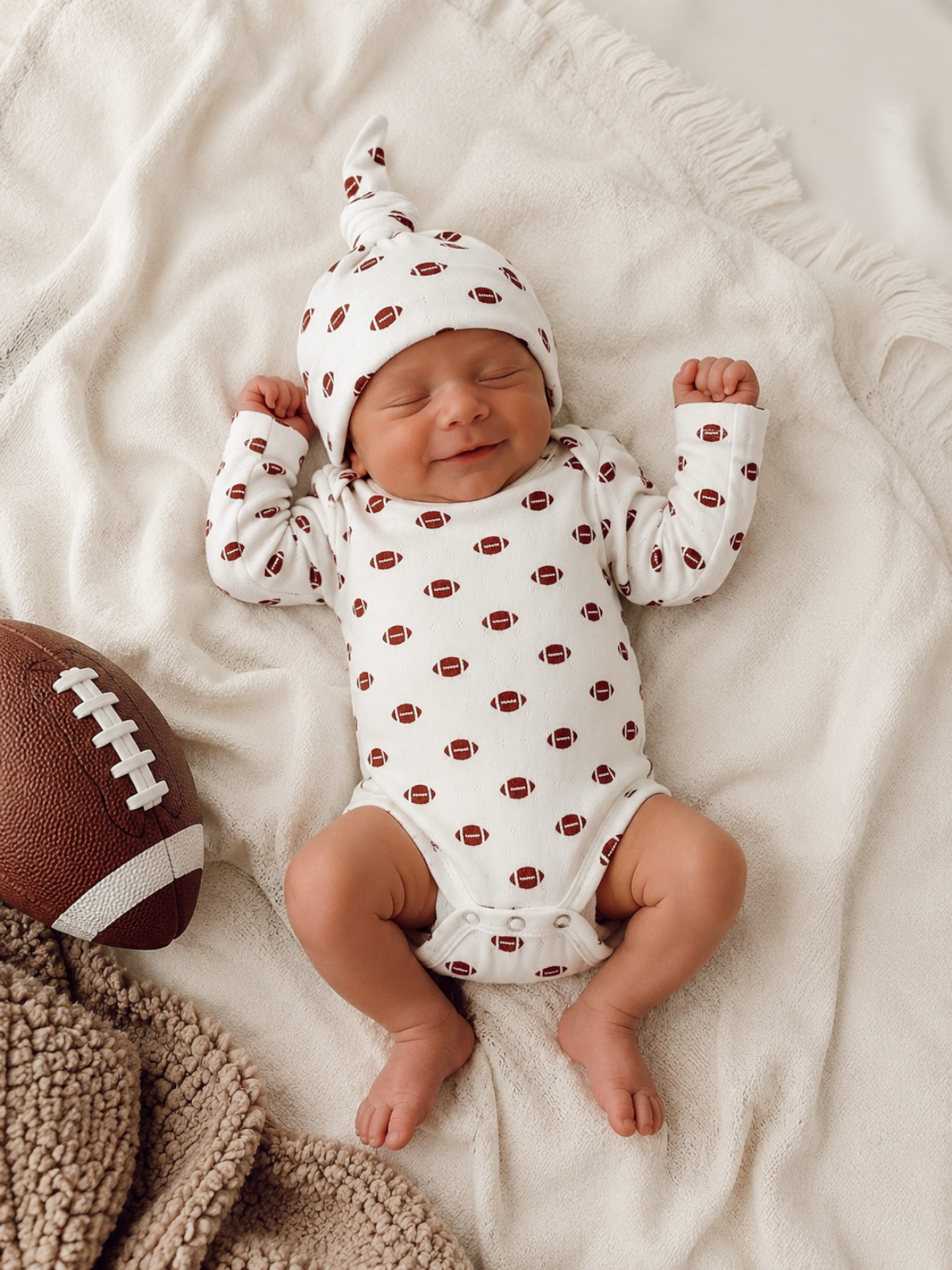 Smiling baby in a football-patterned onesie and hat, resting on a soft blanket beside a football.