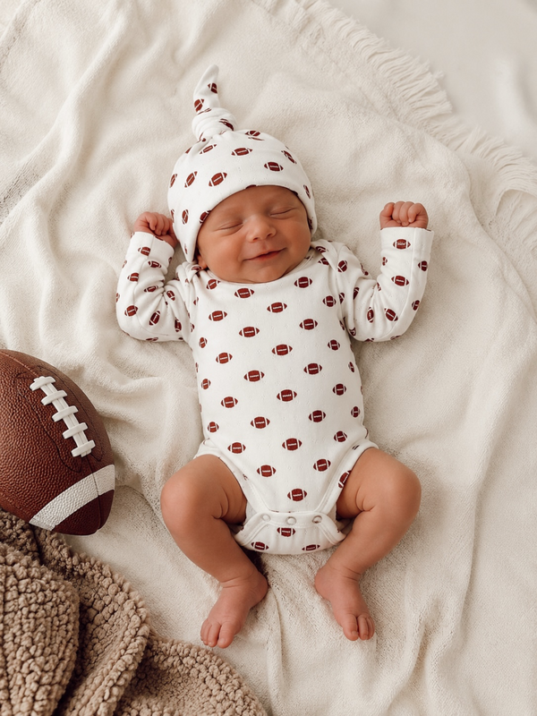 Smiling baby in a football-patterned onesie and hat, resting on a soft blanket beside a football.