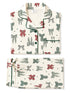 Cream pajama set featuring a pattern of bows in red, green, and black on a light background.