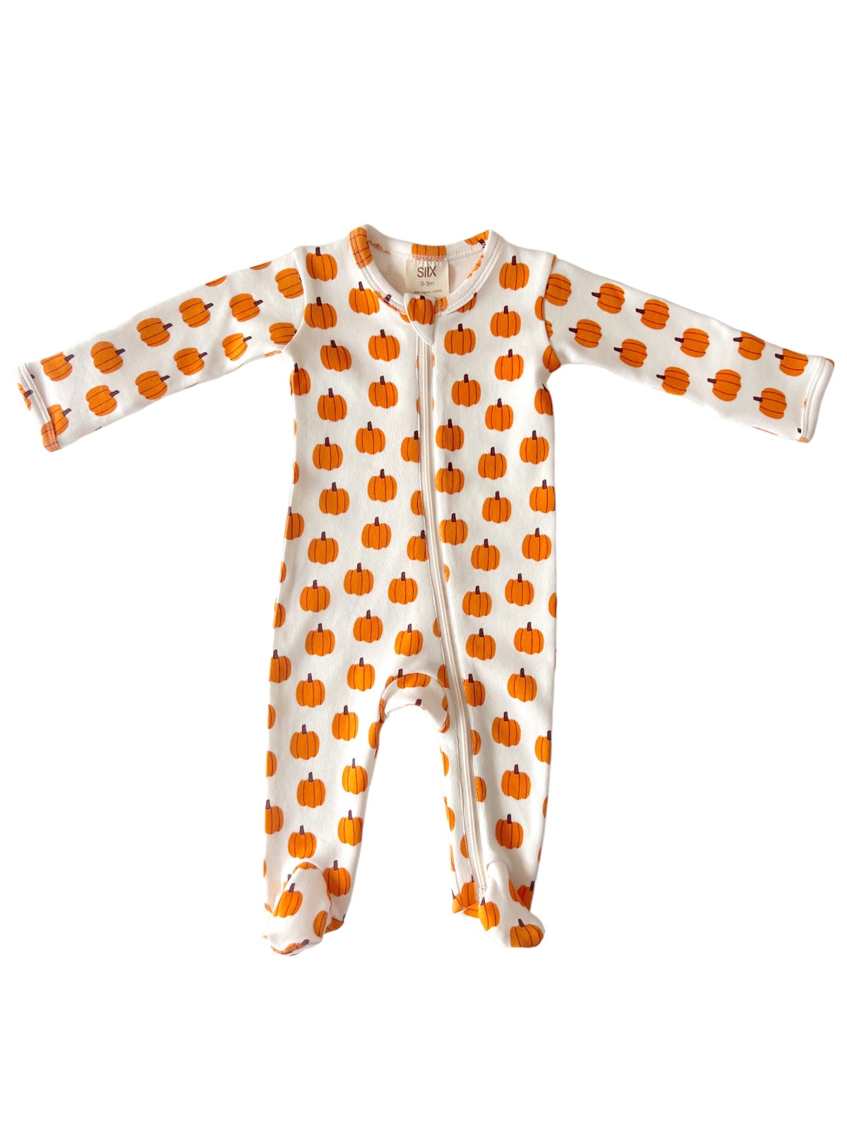 Infant onesie featuring orange pumpkin patterns on a white background, with long sleeves and a front zipper.