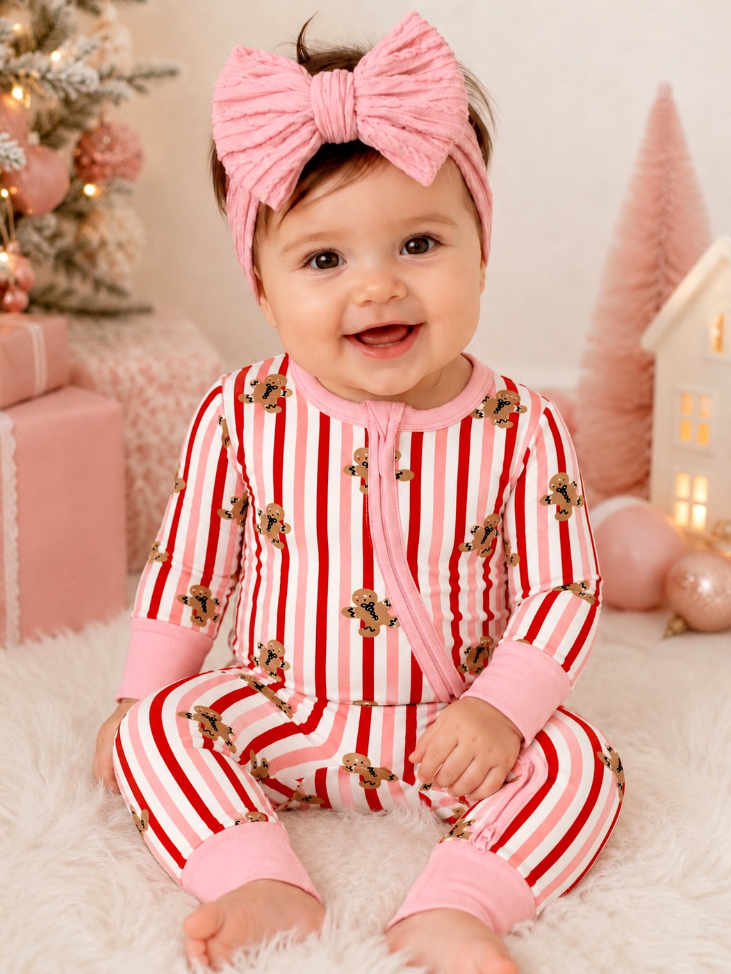 Smiling baby in festive striped pajamas with gingerbread design, pink headband, sitting on fluffy surface.
