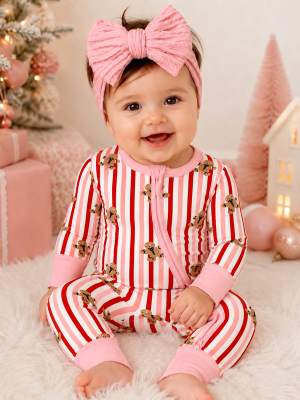 Smiling baby in festive striped pajamas with gingerbread design, pink headband, sitting on fluffy surface.