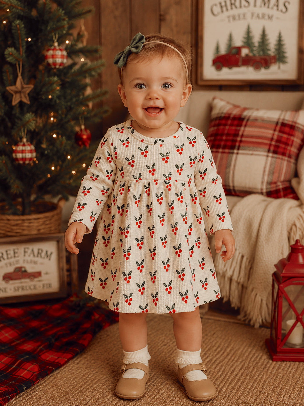 Smiling toddler in a festive dress stands by a Christmas tree, surrounded by holiday decorations and cozy blankets.