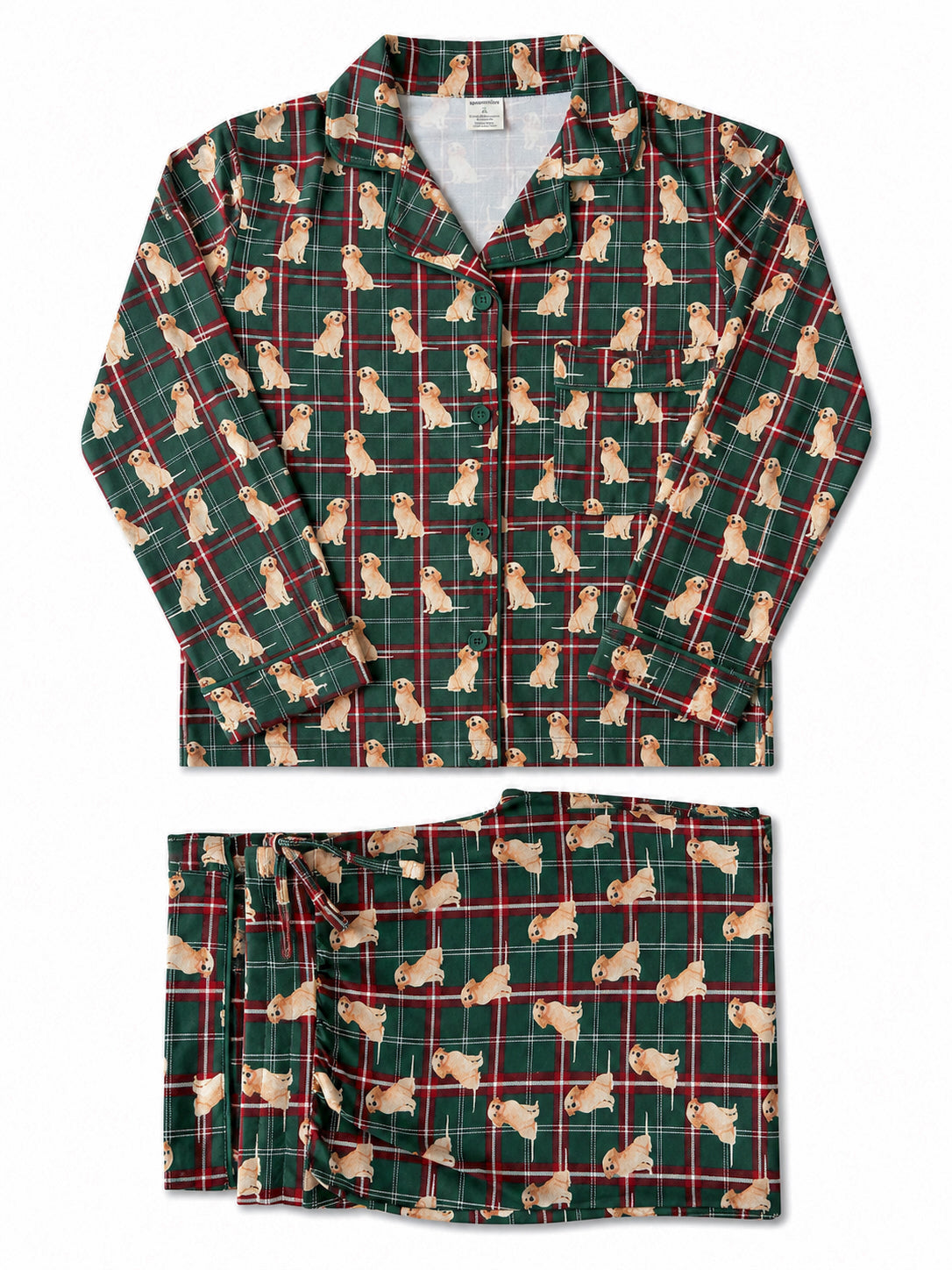 Green plaid pajamas with golden retriever print, featuring a button-up top and elastic waistband pants.