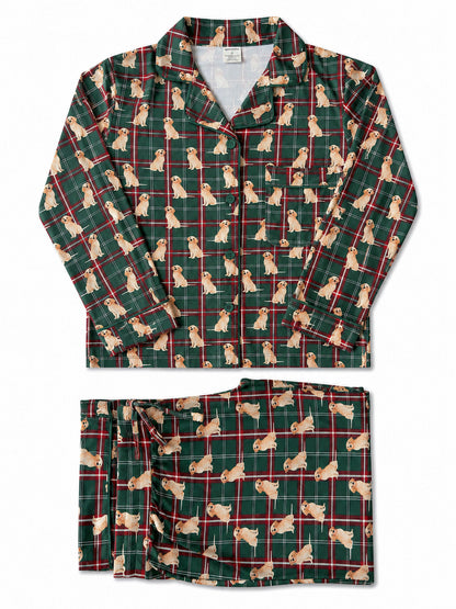 Green plaid pajamas with golden retriever print, featuring a button-up top and elastic waistband pants.