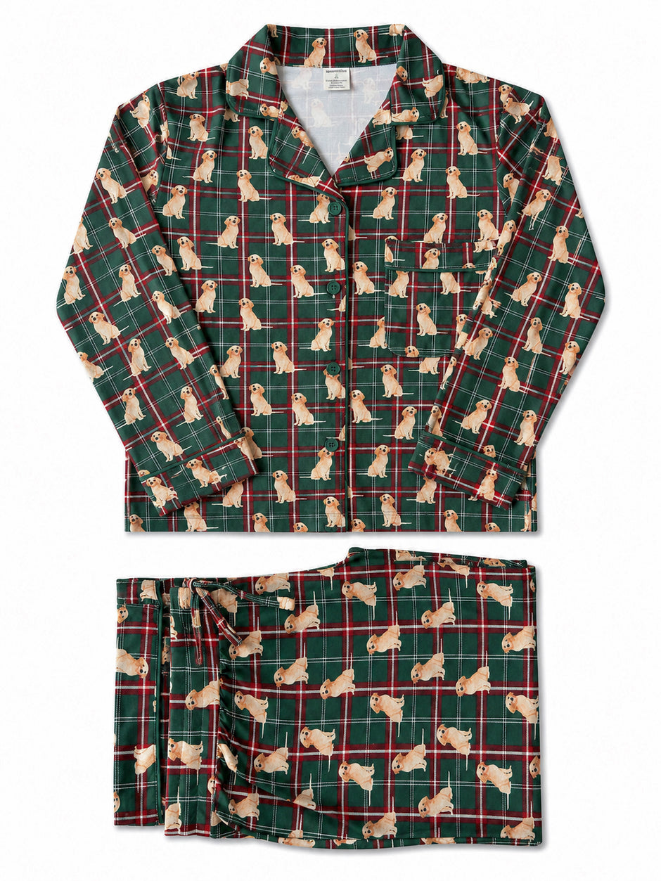 Green plaid pajamas with golden retriever print, featuring a button-up top and elastic waistband pants.