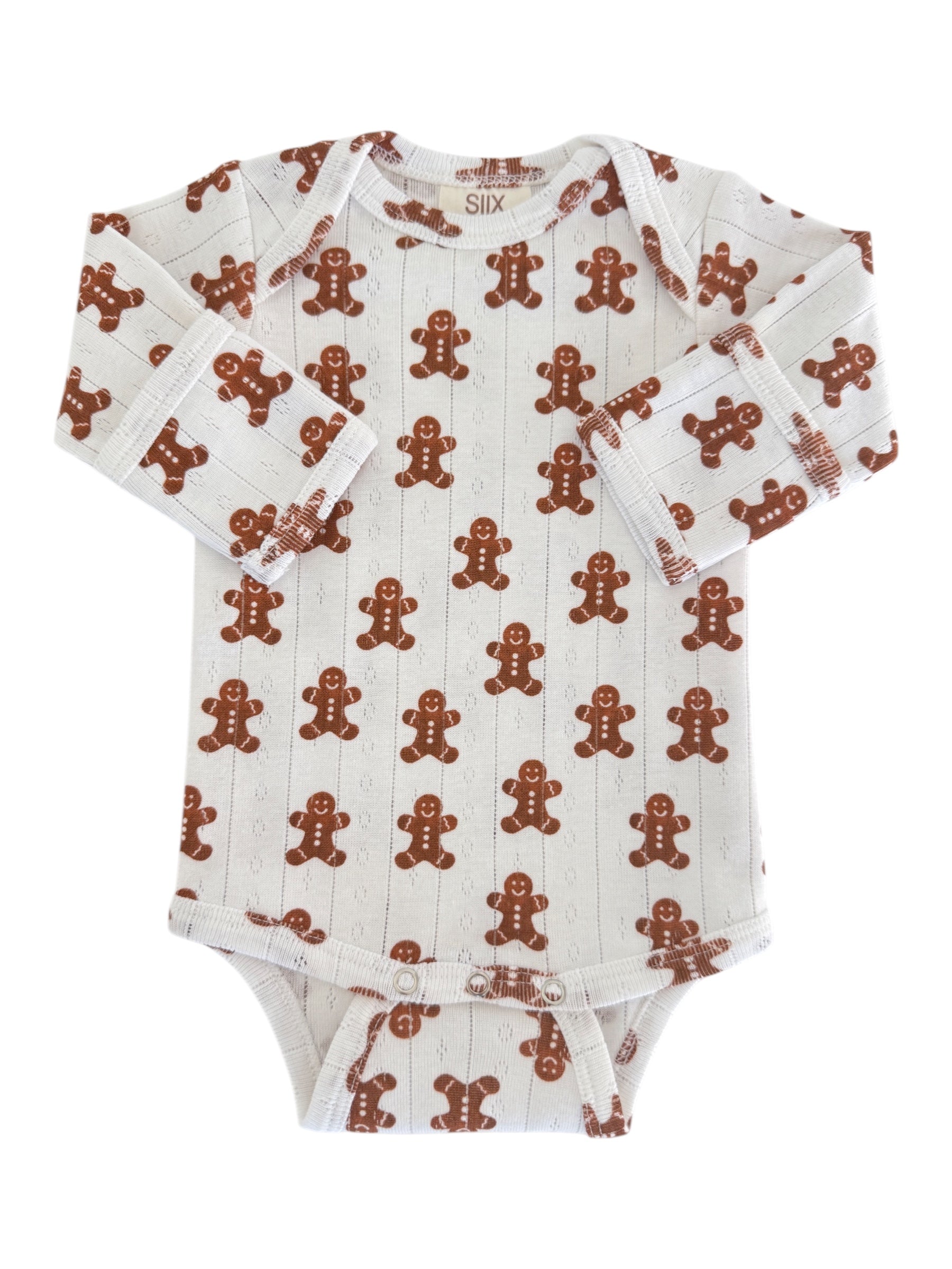 White long-sleeve onesie featuring a pattern of cute gingerbread men.