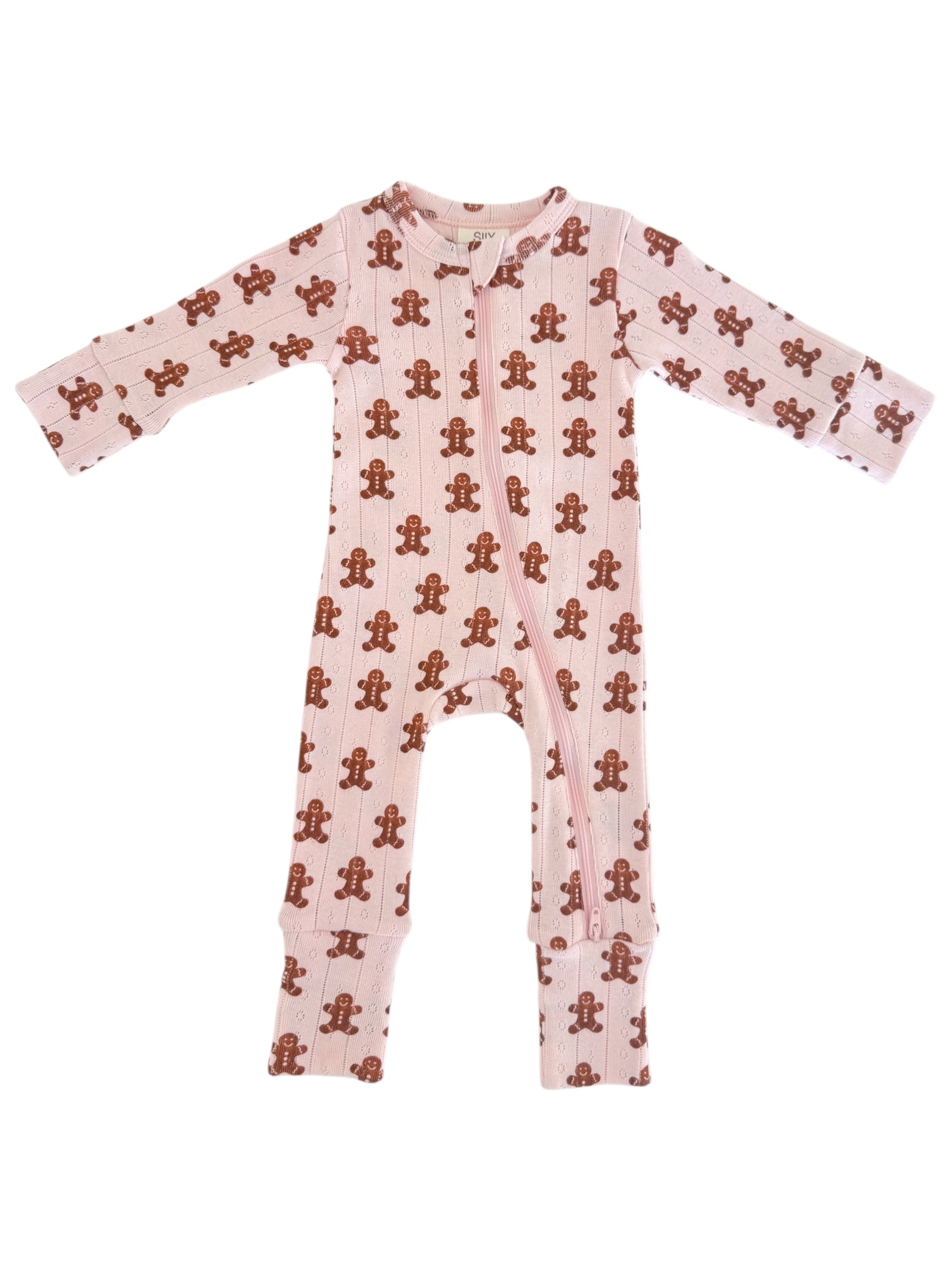 Pink baby onesie featuring a gingerbread man pattern, with long sleeves and a front zipper closure.