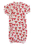 Baby gown with red bow pattern on white background, featuring short sleeves and a gathered bottom.