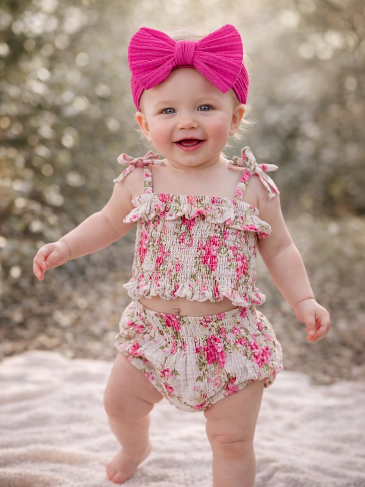 Smiling baby in floral outfit and pink bow, standing on a sandy surface in a bright, natural setting.