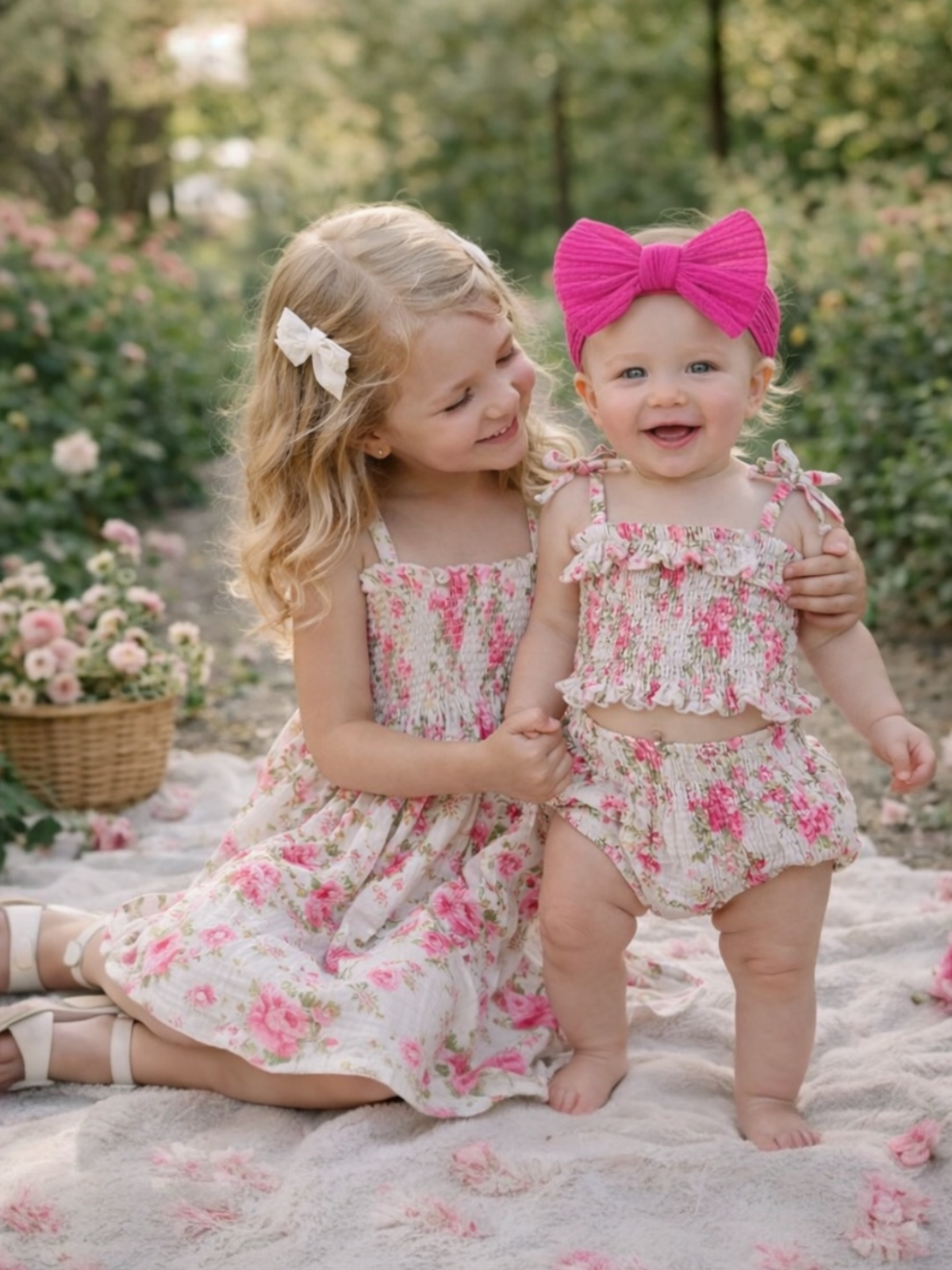 Two young girls in floral outfits smile together in a garden full of blooming roses, creating a joyful scene.