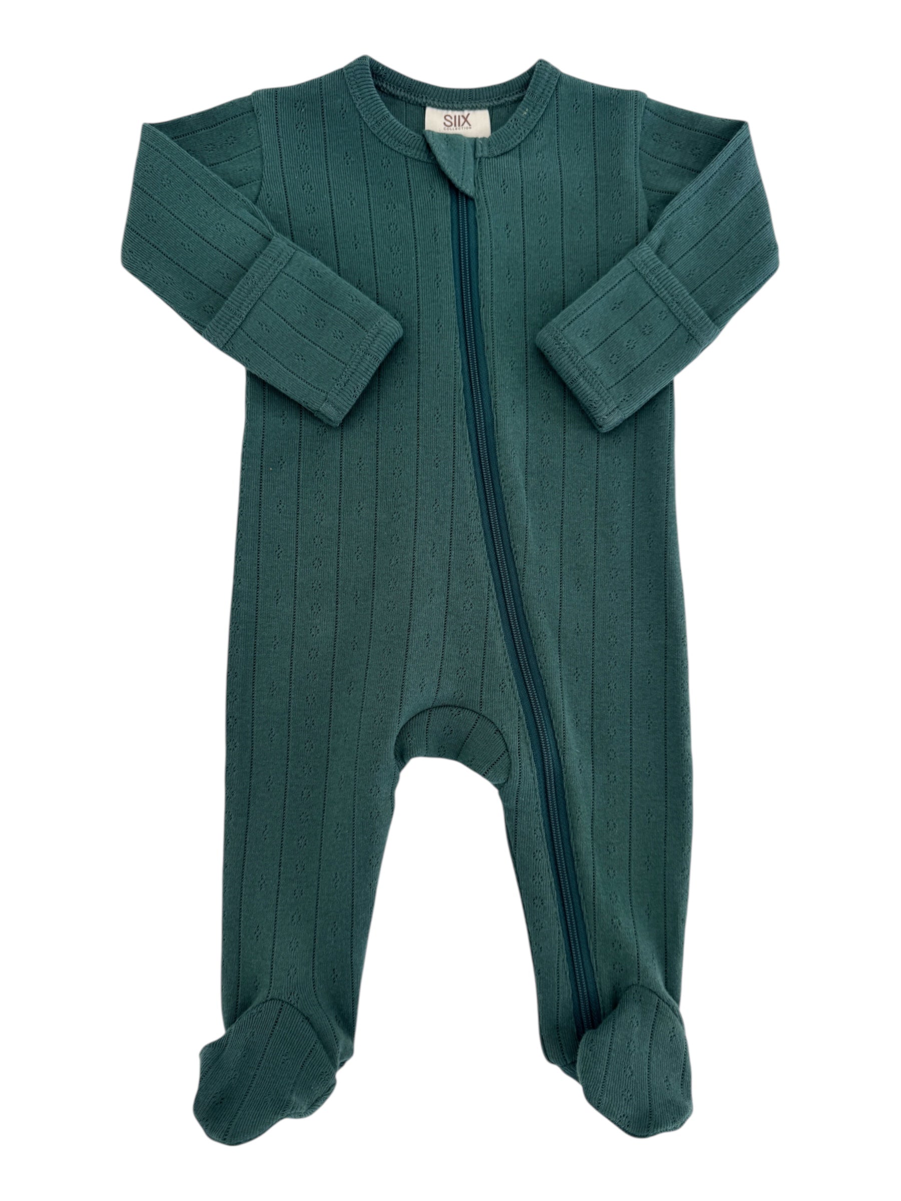 Teal baby onesie with ribbed texture, long sleeves, front zipper, and footed design.