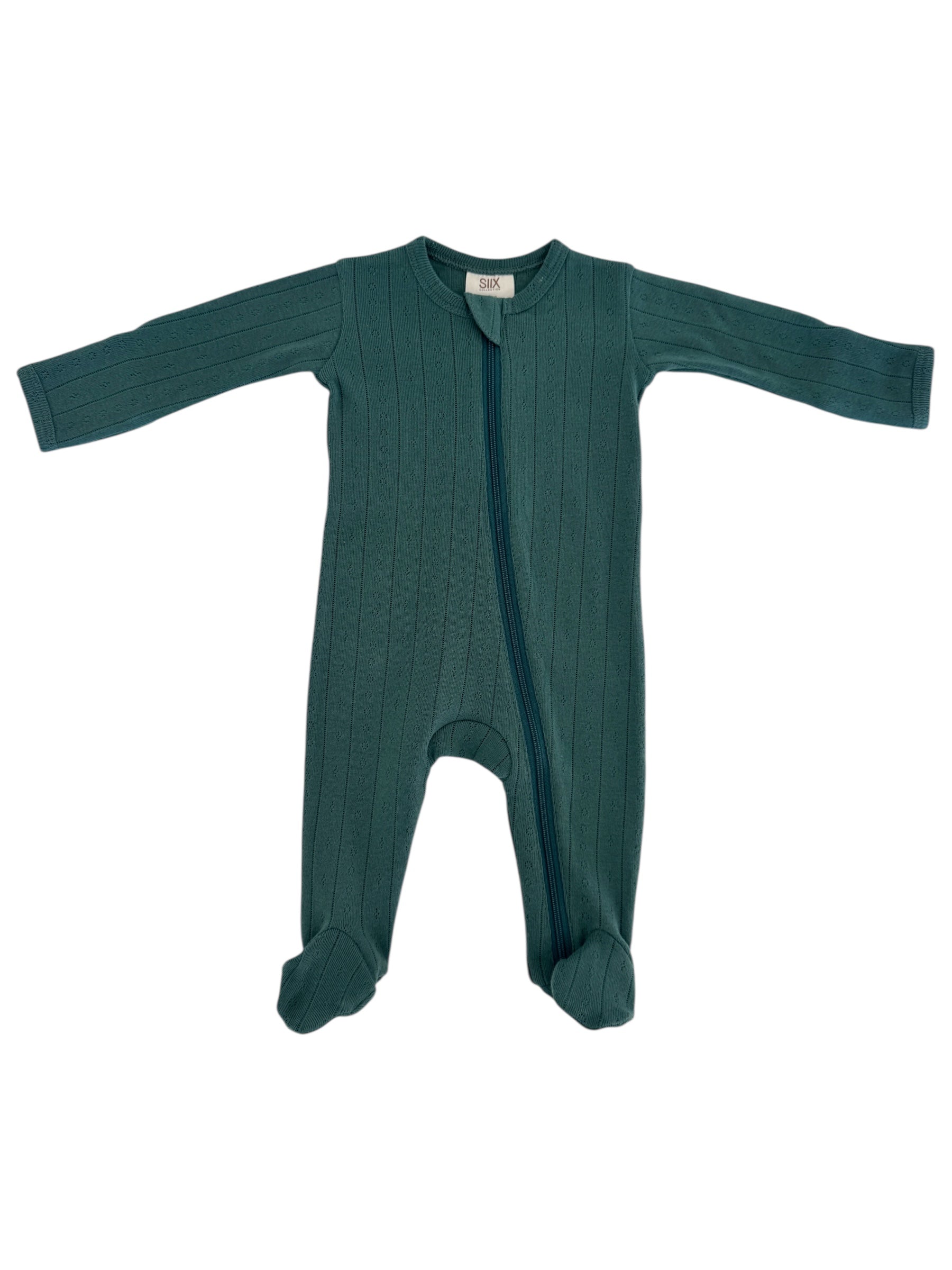 Teal baby onesie with long sleeves and a front zipper, featuring a ribbed texture and footed design.