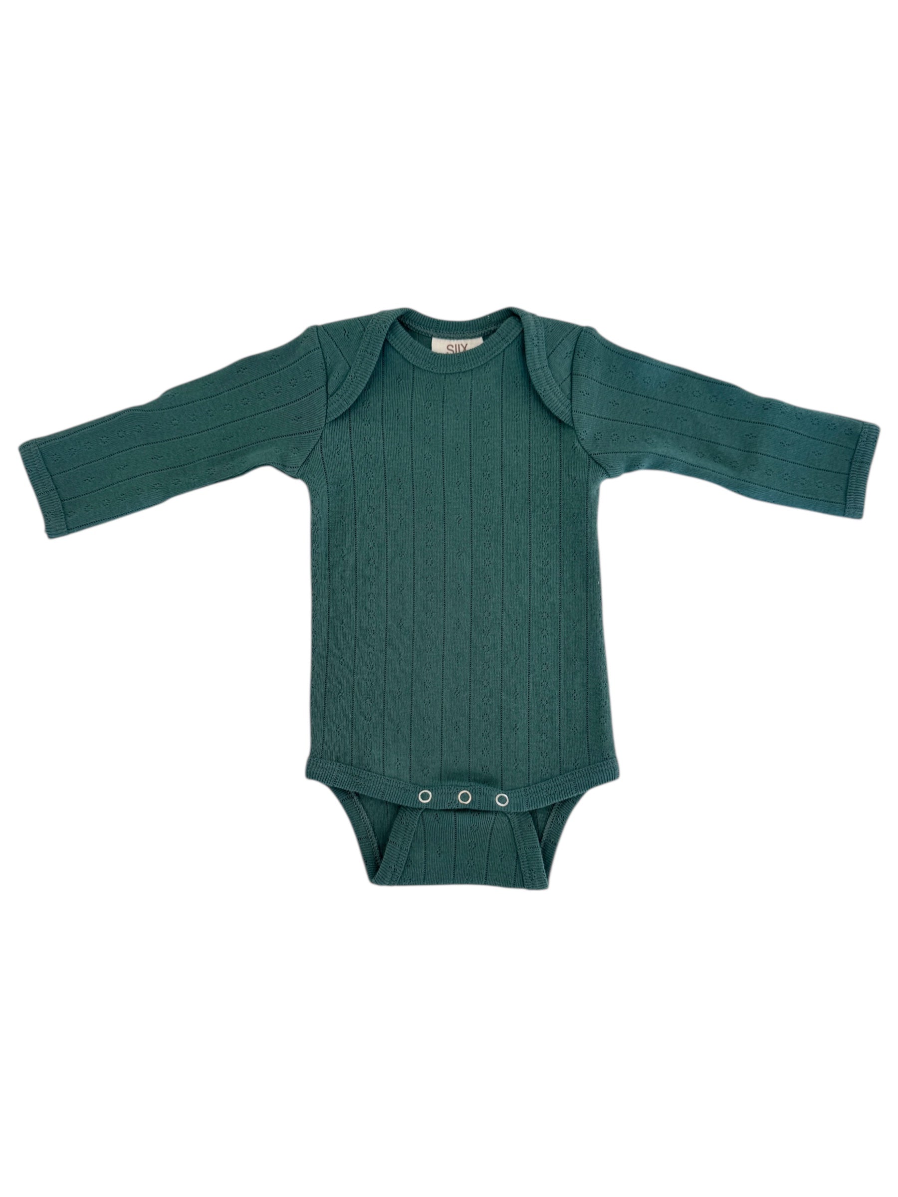 Teal long-sleeve baby onesie with ribbed texture and snap closure at the bottom.