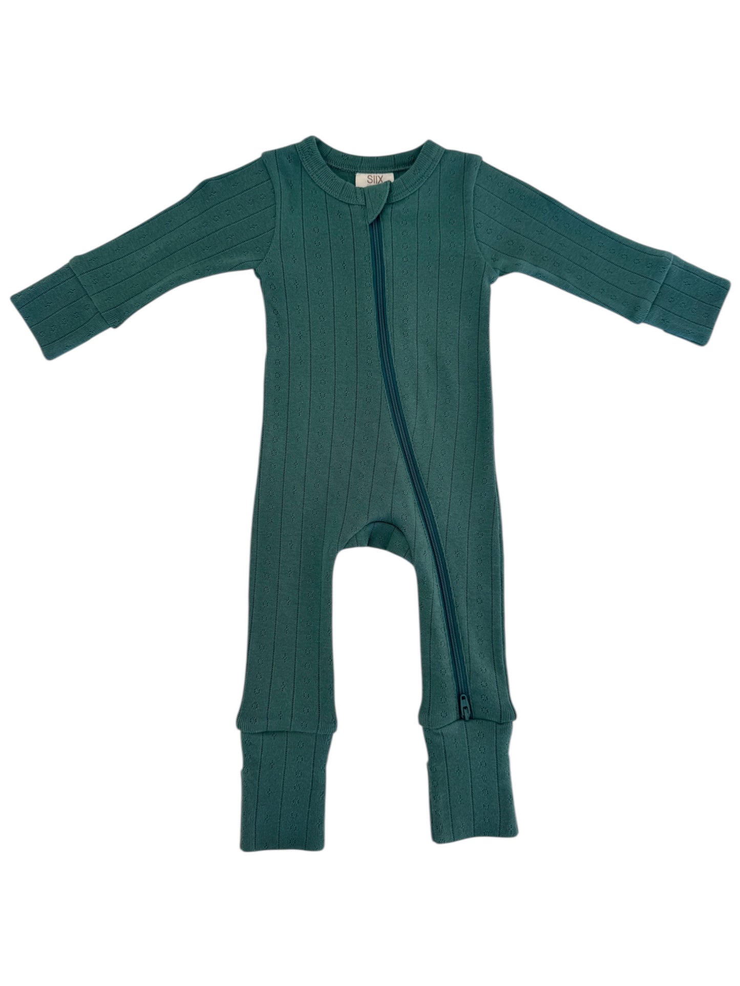 Teal ribbed baby onesie featuring a front zipper and long sleeves. Ideal for comfort and warmth.
