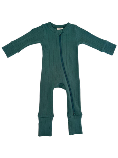 Teal ribbed baby onesie featuring a front zipper and long sleeves. Ideal for comfort and warmth.