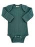Teal ribbed baby onesie with long sleeves, round neck, and snap closures at the bottom.
