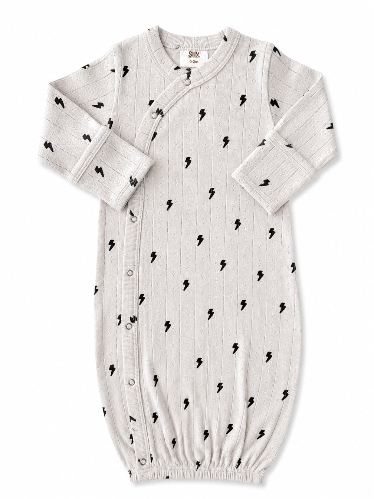 Light gray baby gown with black lightning bolt pattern, featuring snap buttons and elastic bottom for easy dressing.
