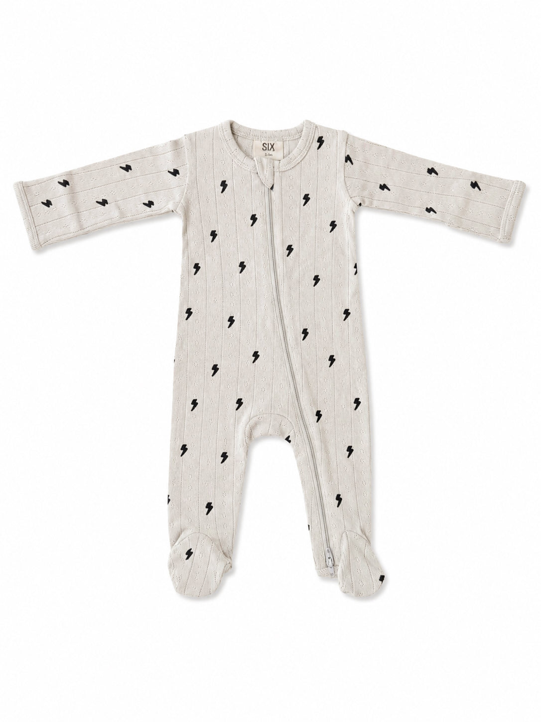 Gray baby onesie with black lightning bolt pattern, long sleeves, and zippers. Suitable for infants.
