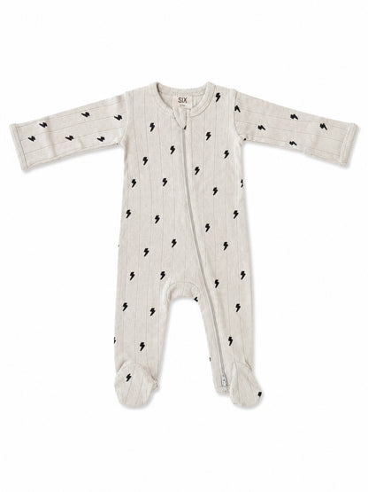 Gray baby onesie with black lightning bolt pattern, long sleeves, and zippers. Suitable for infants.