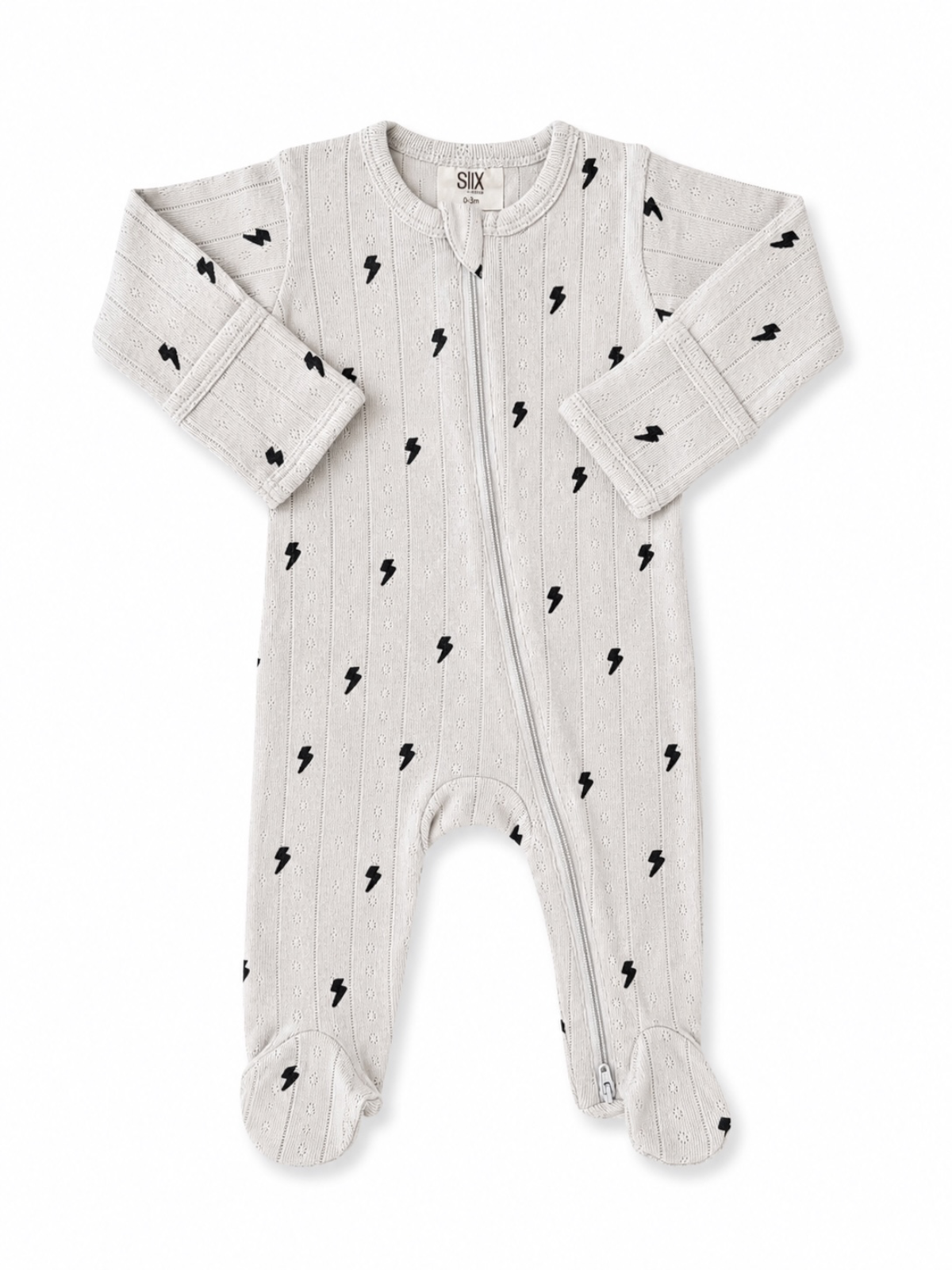 Light gray baby onesie with black lightning bolt pattern and zipper, featuring long sleeves and footed design.