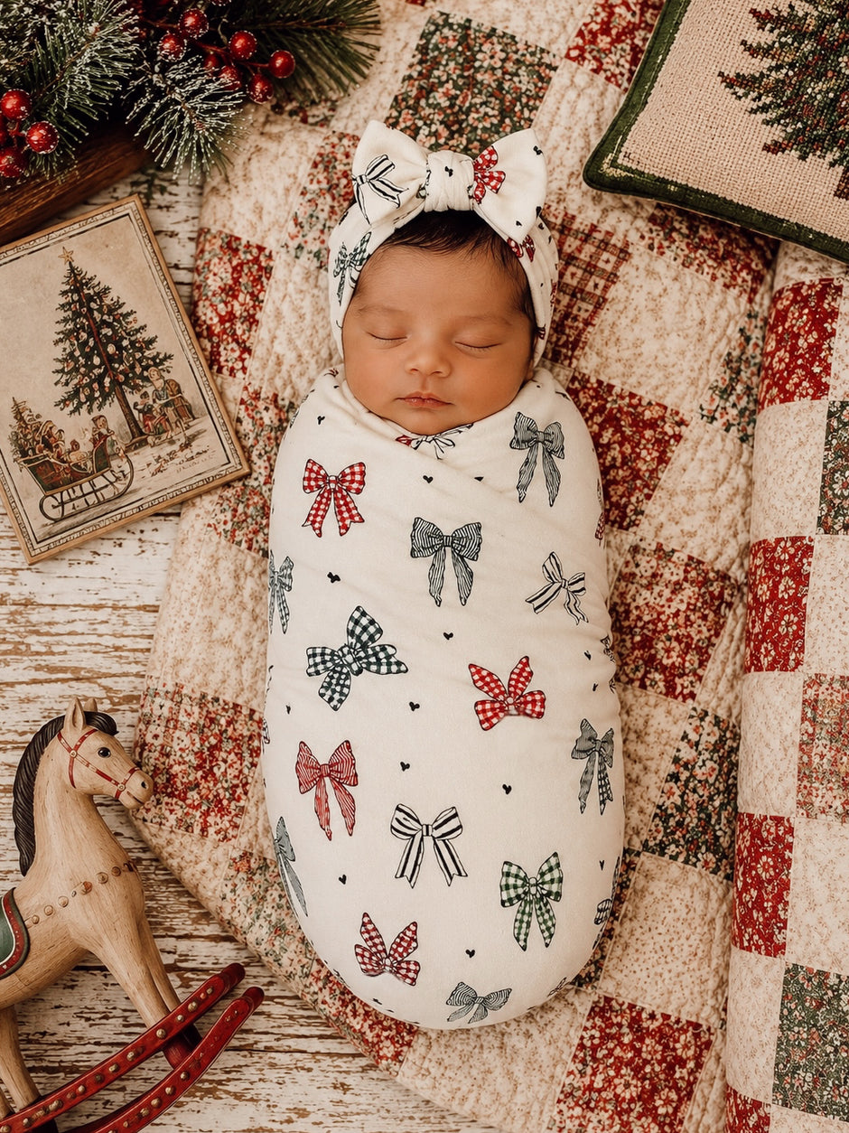 Infant swaddled in a bow-patterned blanket, resting on a quilt with holiday decor and a wooden rocking horse.