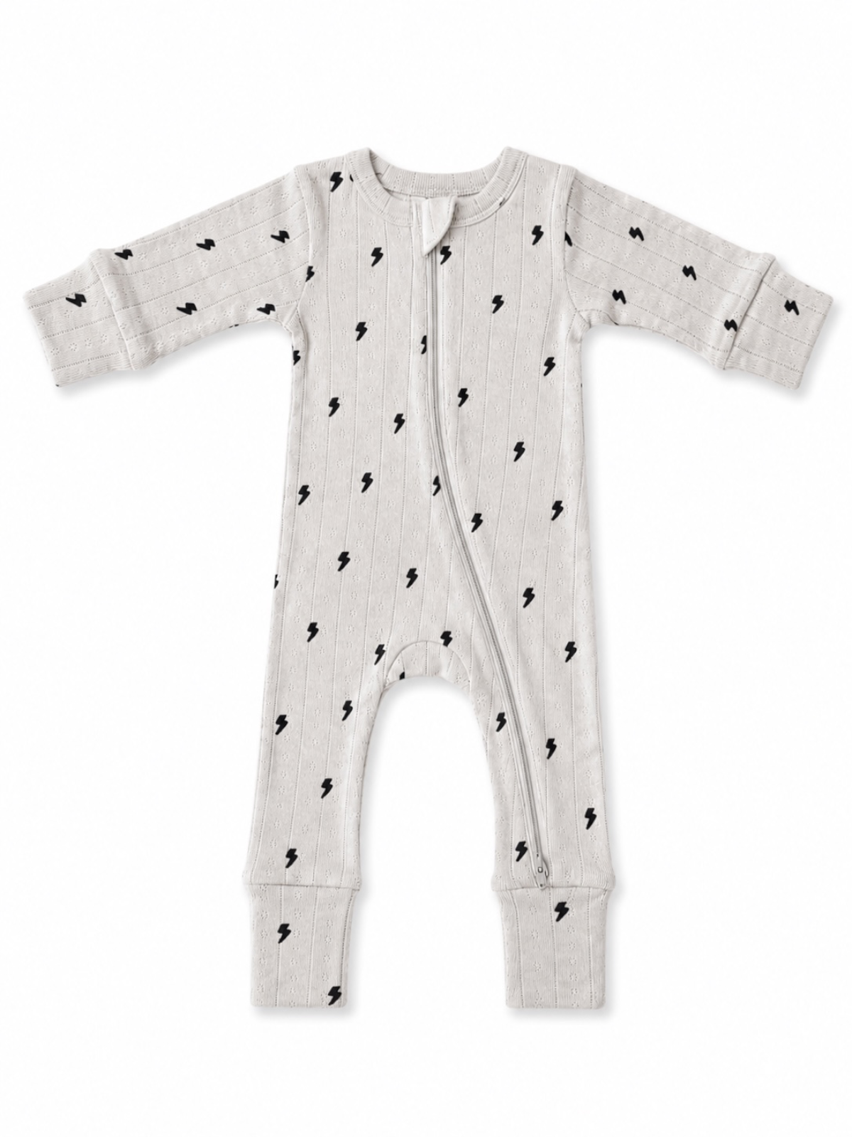 Light gray baby onesie with black lightning bolt patterns and a front zipper. Ideal for comfort and style.