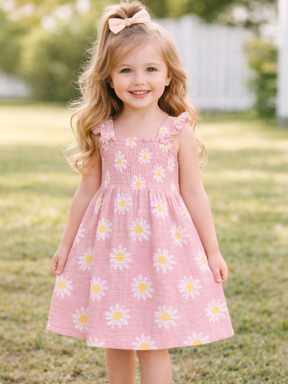 Smiling girl in a pink dress with daisies, standing on grass, wearing a bow in her hair.